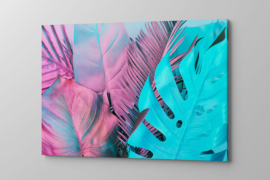 Obraz na płótnie duże różowo niebieskie liście tropikalne