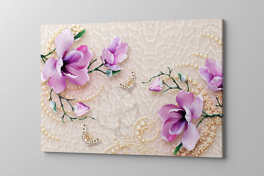 Obraz na płótnie fioletowo różowe kwiaty na beżowym tle