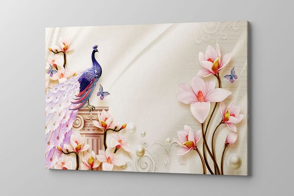 Obraz na płótnie fioletowy paw wśród kwiatów na beżowym tle