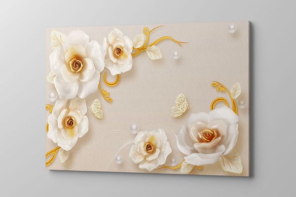 Obraz na płótnie białe złote kwiaty na beżowym tle