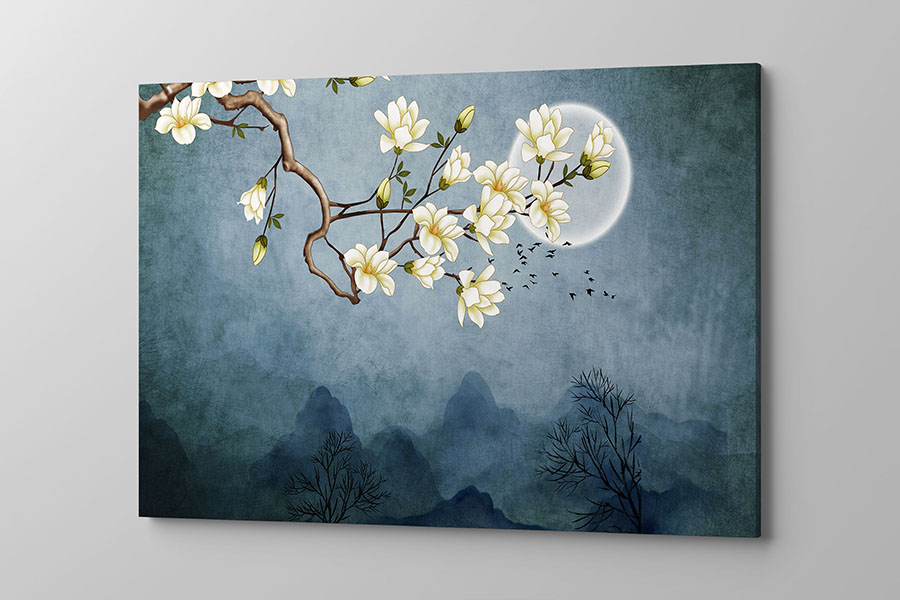 Obraz na płótnie biały kwiat na tle pełni