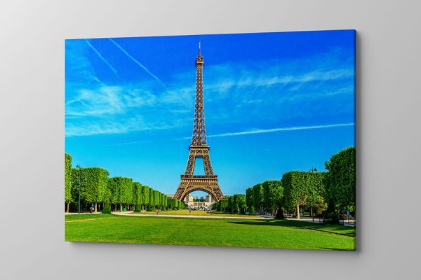 Obraz na płótnie wieża Eiffla na tle błękitnego nieba i zielonych traw