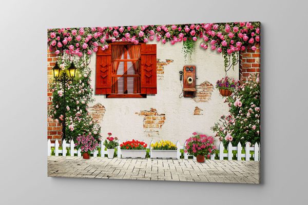 Obraz na płótnie czerwona okiennica w otoczeniu kwiatów